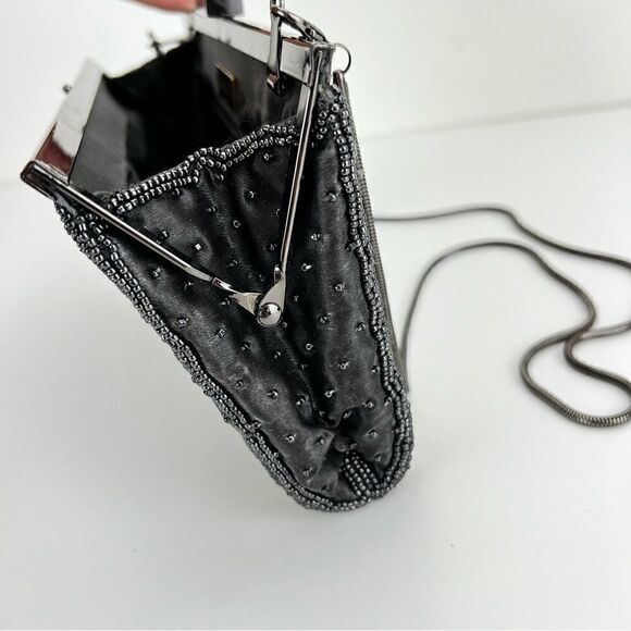 Neiman Marcus Micro Beaded black & silver clutch bag with chain - Picture 7 of 12